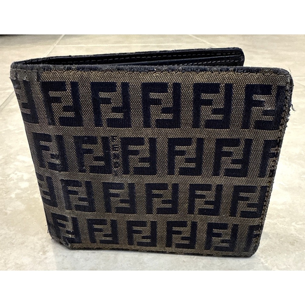 VTG Fendi Zucca‎ Monogram Bifold Logo Wallet Brown Canvas & Leather Italy *See